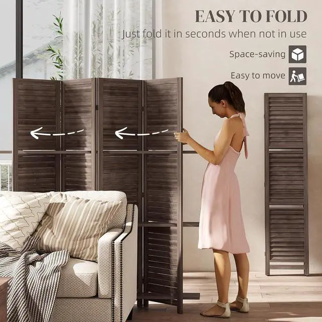 Alt view image 4 of 7 - Room Divider with Shelves, 4 Panel, 67" Tall, Walnut | Wood Privacy Screen, 3 Display Shelves, Folding Storage, Bedroom or Home Office