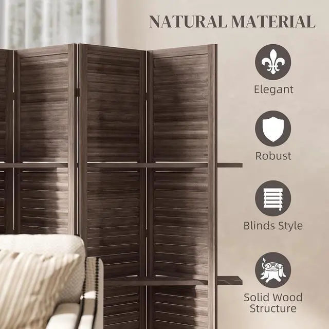 Alt view image 5 of 7 - Room Divider with Shelves, 4 Panel, 67" Tall, Walnut | Wood Privacy Screen, 3 Display Shelves, Folding Storage, Bedroom or Home Office
