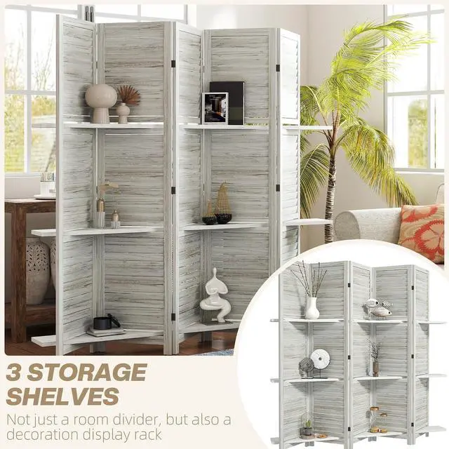 Alt view image 3 of 7 - Room Divider with Shelves, 5 Panel, 67" Tall, Distressed White | Wood Privacy Screen, 3 Display Shelves, Folding Storage, Bedroom or Home Office