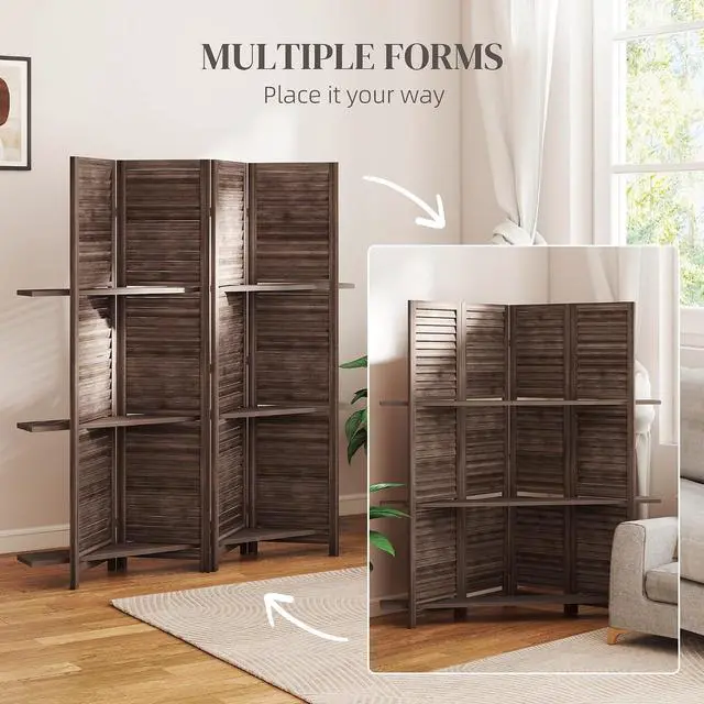 Alt view image 6 of 7 - Room Divider with Shelves, 4 Panel, 67" Tall, Walnut | Wood Privacy Screen, 3 Display Shelves, Folding Storage, Bedroom or Home Office