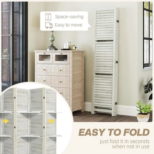 Alt view image 4 of 7 - Room Divider with Shelves, 5 Panel, 67" Tall, Distressed White | Wood Privacy Screen, 3 Display Shelves, Folding Storage, Bedroom or Home Office