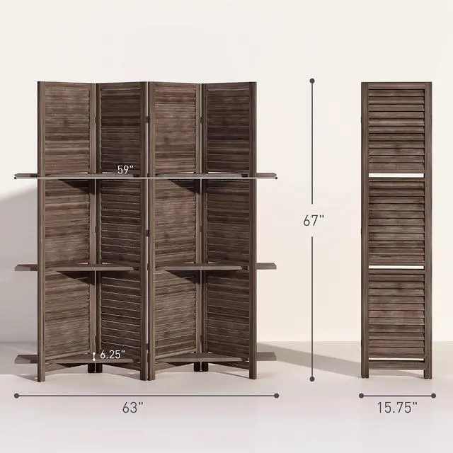 Alt view image 7 of 7 - Room Divider with Shelves, 4 Panel, 67" Tall, Walnut | Wood Privacy Screen, 3 Display Shelves, Folding Storage, Bedroom or Home Office