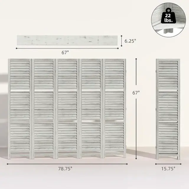 Alt view image 7 of 7 - Room Divider with Shelves, 5 Panel, 67" Tall, Distressed White | Wood Privacy Screen, 3 Display Shelves, Folding Storage, Bedroom or Home Office