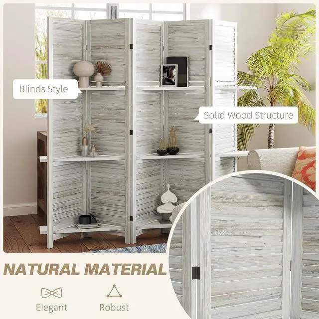 Alt view image 5 of 7 - Room Divider with Shelves, 5 Panel, 67" Tall, Distressed White | Wood Privacy Screen, 3 Display Shelves, Folding Storage, Bedroom or Home Office