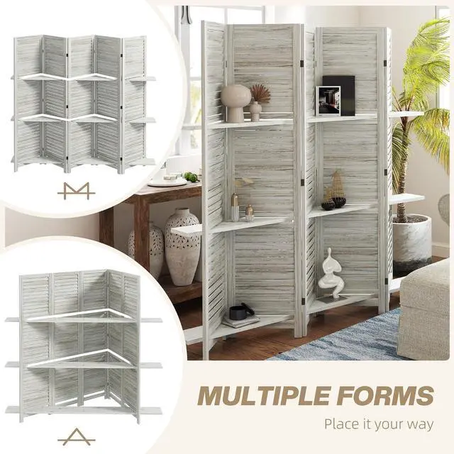 Alt view image 6 of 7 - Room Divider with Shelves, 5 Panel, 67" Tall, Distressed White | Wood Privacy Screen, 3 Display Shelves, Folding Storage, Bedroom or Home Office
