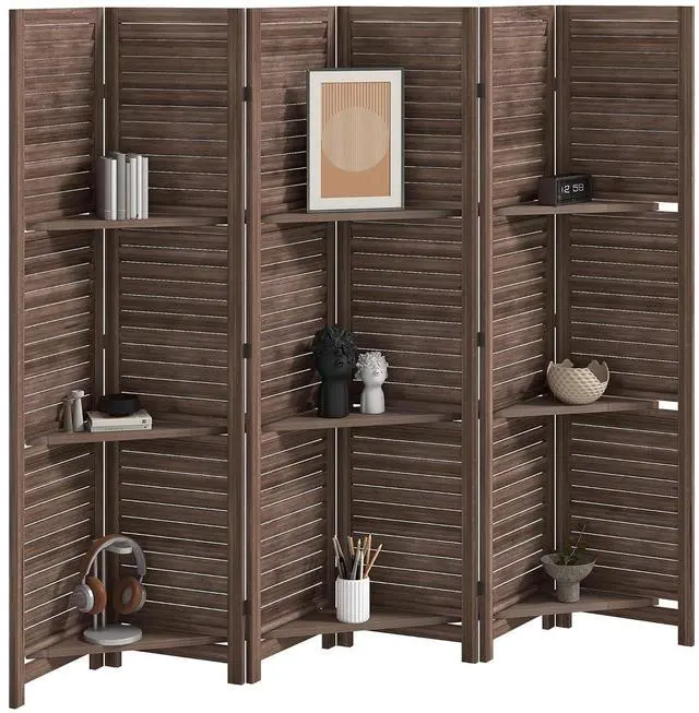 Main image of Room Divider 6 Panel 67" Tall Wood Privacy Screen Walnut | 3 Display Shelves, Folding Storage, for Bedroom or Home Office