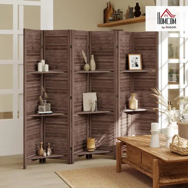 Alt view image 2 of 7 - Room Divider 6 Panel 67" Tall Wood Privacy Screen Walnut | 3 Display Shelves, Folding Storage, for Bedroom or Home Office