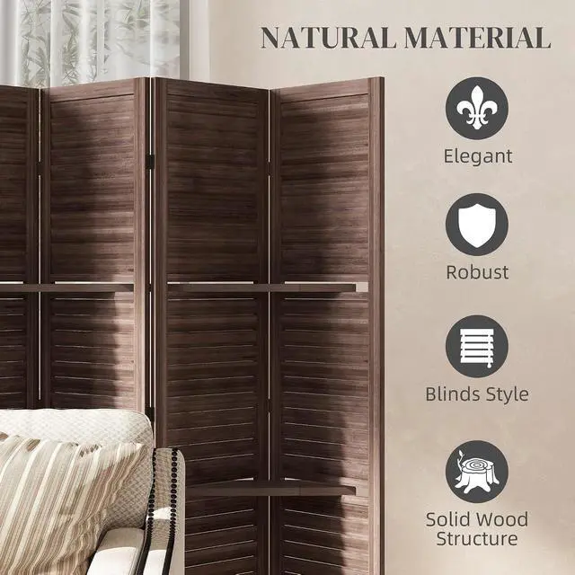 Alt view image 5 of 7 - Room Divider 6 Panel 67" Tall Wood Privacy Screen Walnut | 3 Display Shelves, Folding Storage, for Bedroom or Home Office