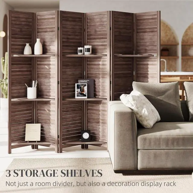 Alt view image 3 of 7 - Room Divider 6 Panel 67" Tall Wood Privacy Screen Walnut | 3 Display Shelves, Folding Storage, for Bedroom or Home Office