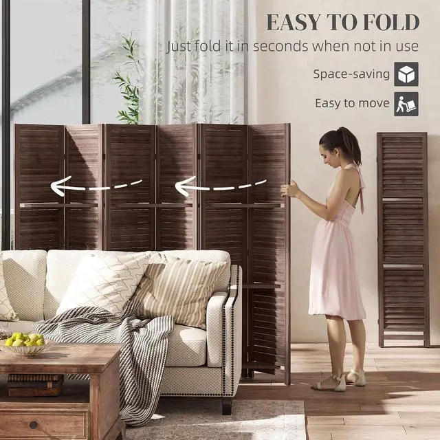 Alt view image 4 of 7 - Room Divider 6 Panel 67" Tall Wood Privacy Screen Walnut | 3 Display Shelves, Folding Storage, for Bedroom or Home Office