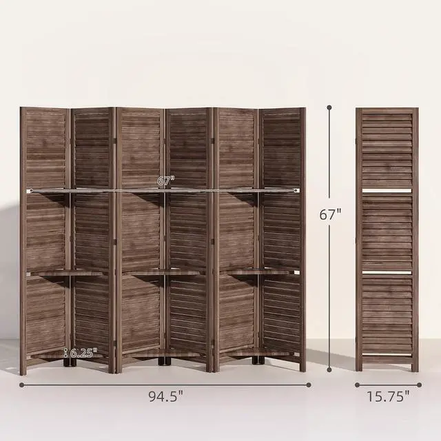 Alt view image 7 of 7 - Room Divider 6 Panel 67" Tall Wood Privacy Screen Walnut | 3 Display Shelves, Folding Storage, for Bedroom or Home Office