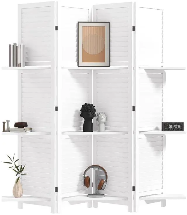 Main image of Room Divider 4 Panel 67" Tall Privacy Screen 3 Display Shelves White | Wood Privacy Screen, 3 Display Shelves, Folding Storage, Bedroom or Home Office
