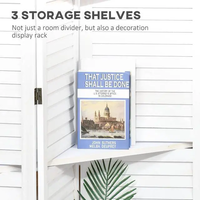 Alt view image 3 of 7 - Room Divider 4 Panel 67" Tall Privacy Screen 3 Display Shelves White | Wood Privacy Screen, 3 Display Shelves, Folding Storage, Bedroom or Home Office