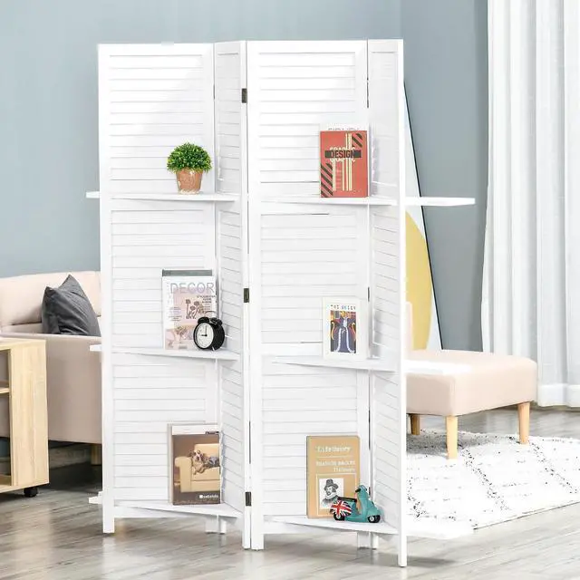 Alt view image 2 of 7 - Room Divider 4 Panel 67" Tall Privacy Screen 3 Display Shelves White | Wood Privacy Screen, 3 Display Shelves, Folding Storage, Bedroom or Home Office