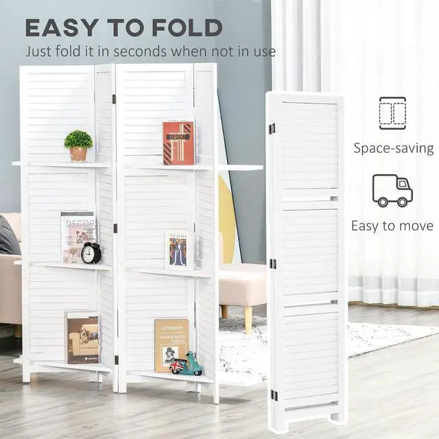 Alt view image 4 of 7 - Room Divider 4 Panel 67" Tall Privacy Screen 3 Display Shelves White | Wood Privacy Screen, 3 Display Shelves, Folding Storage, Bedroom or Home Office