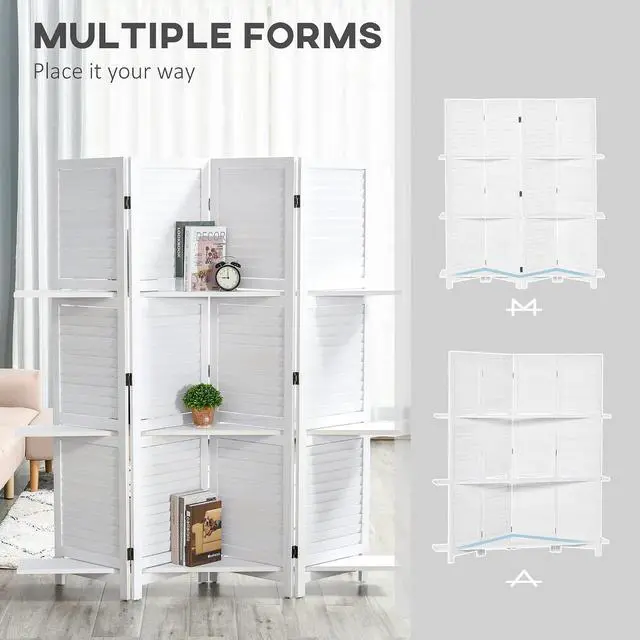 Alt view image 6 of 7 - Room Divider 4 Panel 67" Tall Privacy Screen 3 Display Shelves White | Wood Privacy Screen, 3 Display Shelves, Folding Storage, Bedroom or Home Office