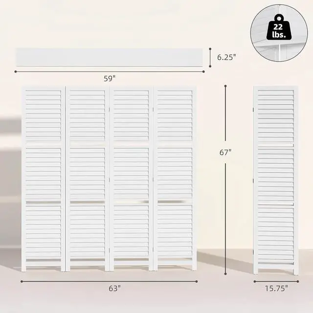 Alt view image 7 of 7 - Room Divider 4 Panel 67" Tall Privacy Screen 3 Display Shelves White | Wood Privacy Screen, 3 Display Shelves, Folding Storage, Bedroom or Home Office