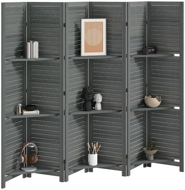 Main image of Room Divider with Shelves, 6 Panel, 67" Tall, Gray | Wood Privacy Screen, 3 Display Shelves, Folding Storage, Bedroom or Home Office