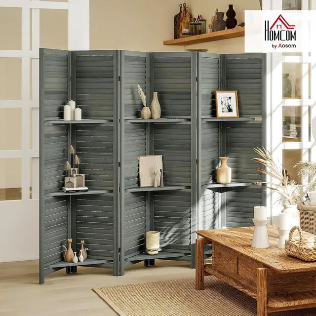 Alt view image 2 of 7 - Room Divider with Shelves, 6 Panel, 67" Tall, Gray | Wood Privacy Screen, 3 Display Shelves, Folding Storage, Bedroom or Home Office
