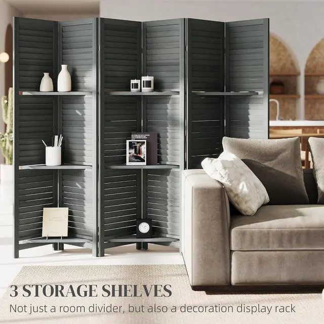 Alt view image 3 of 7 - Room Divider with Shelves, 6 Panel, 67" Tall, Gray | Wood Privacy Screen, 3 Display Shelves, Folding Storage, Bedroom or Home Office