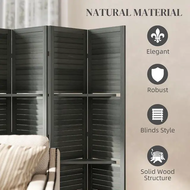 Alt view image 5 of 7 - Room Divider with Shelves, 6 Panel, 67" Tall, Gray | Wood Privacy Screen, 3 Display Shelves, Folding Storage, Bedroom or Home Office
