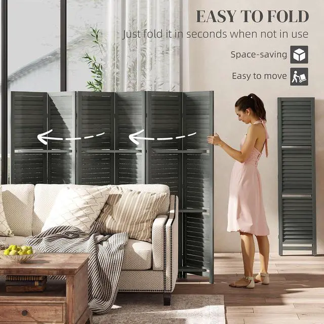 Alt view image 4 of 7 - Room Divider with Shelves, 6 Panel, 67" Tall, Gray | Wood Privacy Screen, 3 Display Shelves, Folding Storage, Bedroom or Home Office