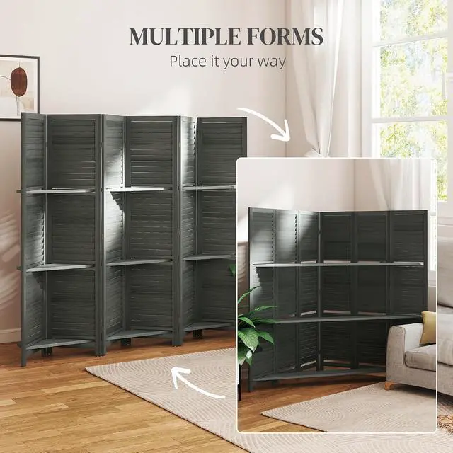 Alt view image 6 of 7 - Room Divider with Shelves, 6 Panel, 67" Tall, Gray | Wood Privacy Screen, 3 Display Shelves, Folding Storage, Bedroom or Home Office