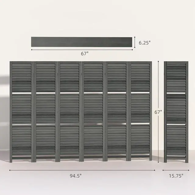 Alt view image 7 of 7 - Room Divider with Shelves, 6 Panel, 67" Tall, Gray | Wood Privacy Screen, 3 Display Shelves, Folding Storage, Bedroom or Home Office