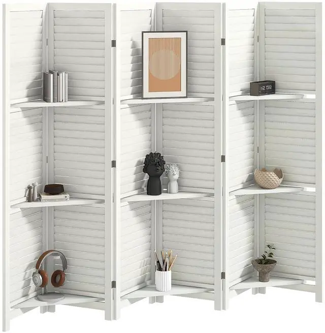 Main image of Room Divider with Shelves 6 Panel 67" Wood Screen White | Wood Privacy Screen, 3 Display Shelves, Folding Storage, Bedroom or Home Office