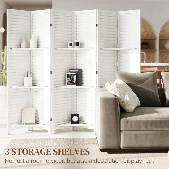 Alt view image 3 of 7 - Room Divider with Shelves 6 Panel 67" Wood Screen White | Wood Privacy Screen, 3 Display Shelves, Folding Storage, Bedroom or Home Office