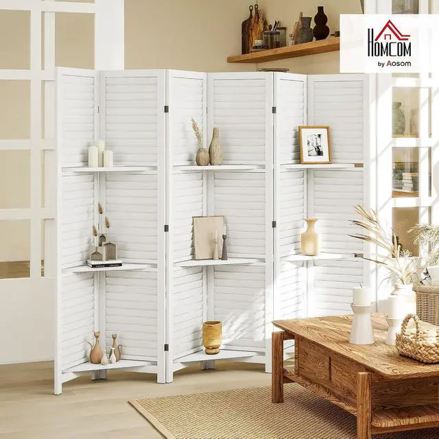 Alt view image 2 of 7 - Room Divider with Shelves 6 Panel 67" Wood Screen White | Wood Privacy Screen, 3 Display Shelves, Folding Storage, Bedroom or Home Office