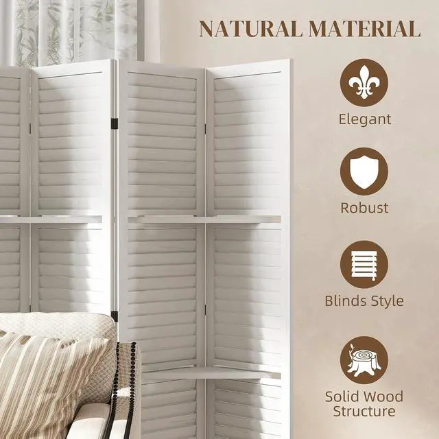 Alt view image 5 of 7 - Room Divider with Shelves 6 Panel 67" Wood Screen White | Wood Privacy Screen, 3 Display Shelves, Folding Storage, Bedroom or Home Office