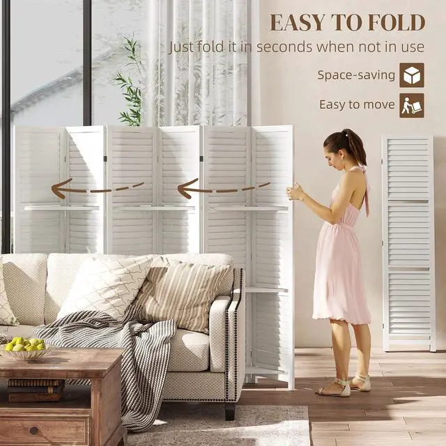 Alt view image 4 of 7 - Room Divider with Shelves 6 Panel 67" Wood Screen White | Wood Privacy Screen, 3 Display Shelves, Folding Storage, Bedroom or Home Office