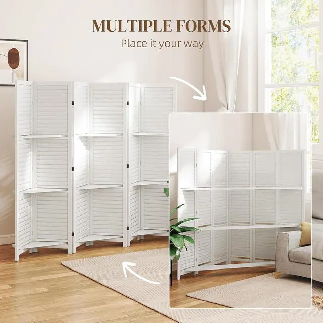 Alt view image 6 of 7 - Room Divider with Shelves 6 Panel 67" Wood Screen White | Wood Privacy Screen, 3 Display Shelves, Folding Storage, Bedroom or Home Office