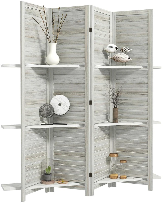 Main image of Room Divider with Shelves, 4 Panel, 67" Tall, Distressed White | Wood Privacy Screen, 3 Display Shelves, Folding Storage, Bedroom or Home Office