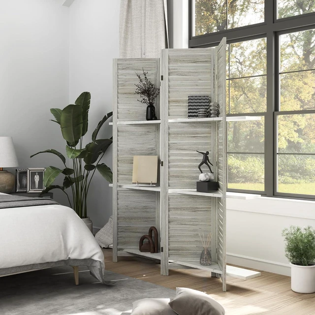 Alt view image 2 of 7 - Room Divider with Shelves, 4 Panel, 67" Tall, Distressed White | Wood Privacy Screen, 3 Display Shelves, Folding Storage, Bedroom or Home Office