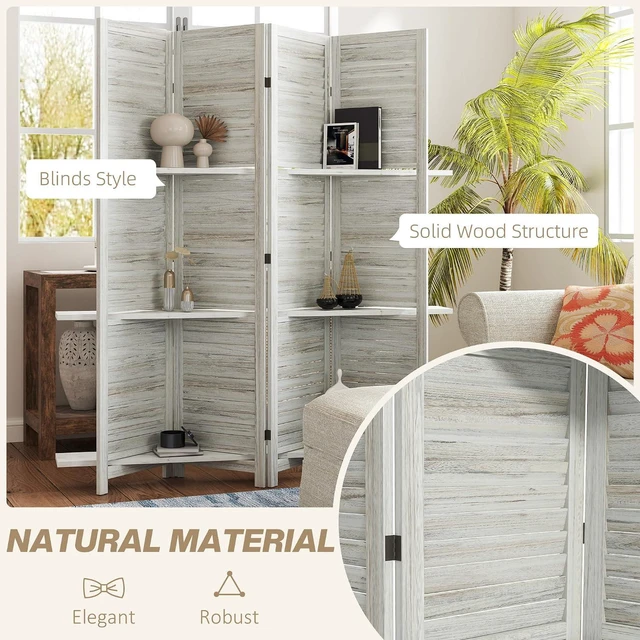 Alt view image 5 of 7 - Room Divider with Shelves, 4 Panel, 67" Tall, Distressed White | Wood Privacy Screen, 3 Display Shelves, Folding Storage, Bedroom or Home Office