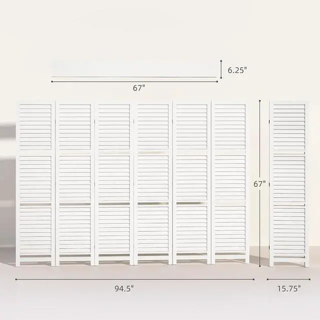 Alt view image 7 of 7 - Room Divider with Shelves 6 Panel 67" Wood Screen White | Wood Privacy Screen, 3 Display Shelves, Folding Storage, Bedroom or Home Office