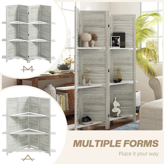 Alt view image 6 of 7 - Room Divider with Shelves, 4 Panel, 67" Tall, Distressed White | Wood Privacy Screen, 3 Display Shelves, Folding Storage, Bedroom or Home Office
