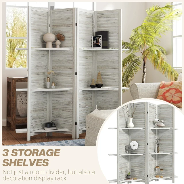 Alt view image 3 of 7 - Room Divider with Shelves, 4 Panel, 67" Tall, Distressed White | Wood Privacy Screen, 3 Display Shelves, Folding Storage, Bedroom or Home Office