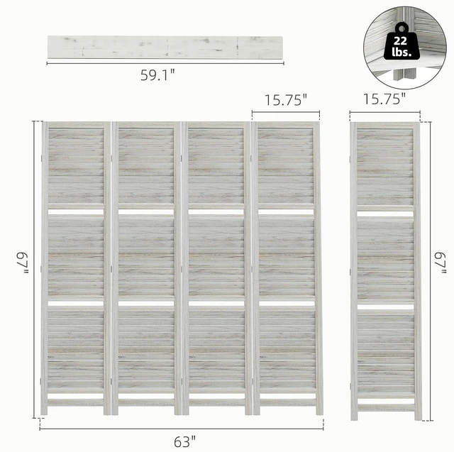 Alt view image 7 of 7 - Room Divider with Shelves, 4 Panel, 67" Tall, Distressed White | Wood Privacy Screen, 3 Display Shelves, Folding Storage, Bedroom or Home Office