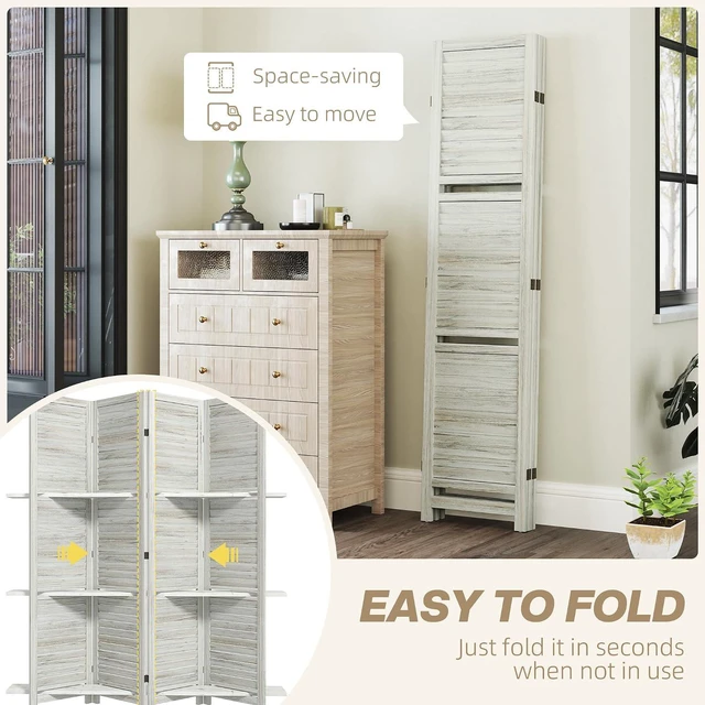 Alt view image 4 of 7 - Room Divider with Shelves, 4 Panel, 67" Tall, Distressed White | Wood Privacy Screen, 3 Display Shelves, Folding Storage, Bedroom or Home Office