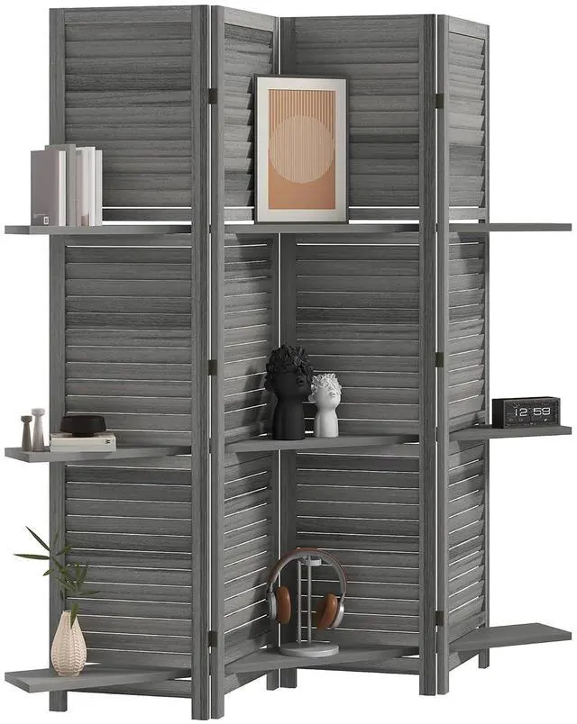 Main image of Room Divider with Shelves, 4 Panel, 67" Tall, Gray | Wood Privacy Screen, 3 Display Shelves, Folding Storage, Bedroom or Home Office