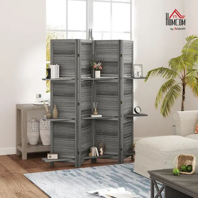 Alt view image 2 of 7 - Room Divider with Shelves, 4 Panel, 67" Tall, Gray | Wood Privacy Screen, 3 Display Shelves, Folding Storage, Bedroom or Home Office