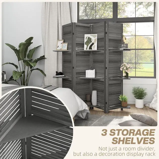 Alt view image 3 of 7 - Room Divider with Shelves, 4 Panel, 67" Tall, Gray | Wood Privacy Screen, 3 Display Shelves, Folding Storage, Bedroom or Home Office