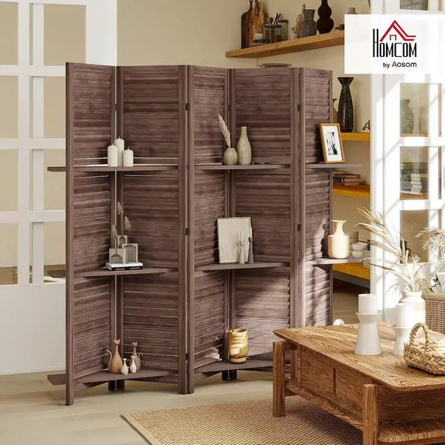 Alt view image 2 of 7 - Room Divider 5 Panel 67" Tall Wood Privacy Screen Walnut | 3 Display Shelves, Folding Storage, for Bedroom or Home Office