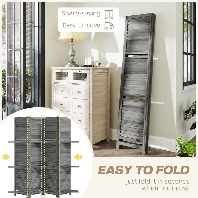 Alt view image 4 of 7 - Room Divider with Shelves, 4 Panel, 67" Tall, Gray | Wood Privacy Screen, 3 Display Shelves, Folding Storage, Bedroom or Home Office