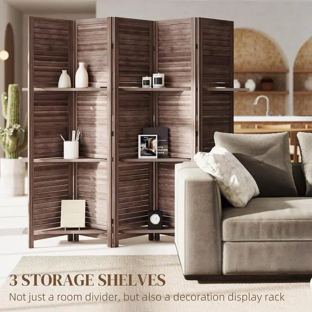 Alt view image 3 of 7 - Room Divider 5 Panel 67" Tall Wood Privacy Screen Walnut | 3 Display Shelves, Folding Storage, for Bedroom or Home Office