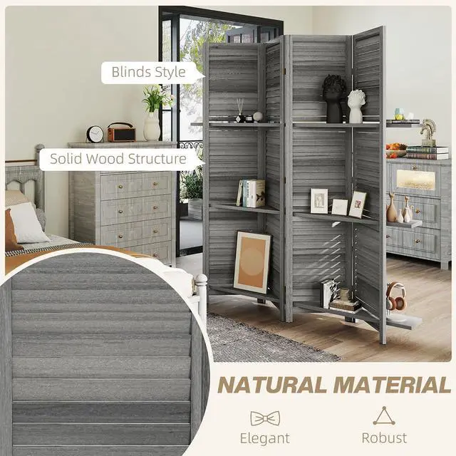 Alt view image 5 of 7 - Room Divider with Shelves, 4 Panel, 67" Tall, Gray | Wood Privacy Screen, 3 Display Shelves, Folding Storage, Bedroom or Home Office