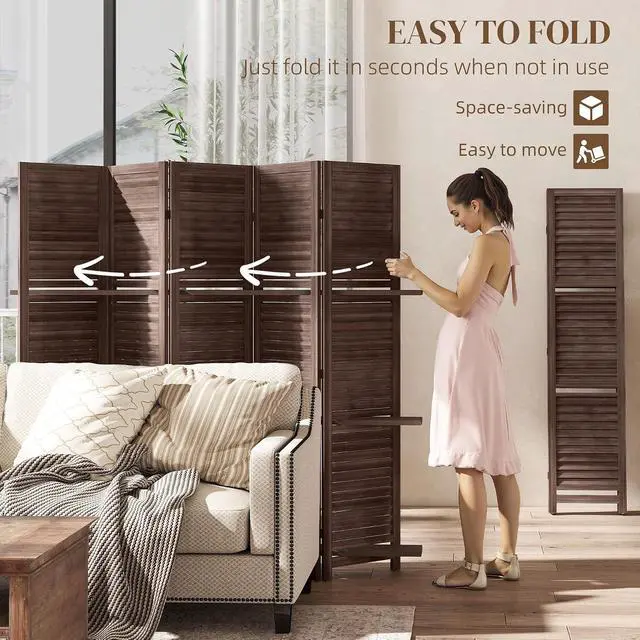 Alt view image 4 of 7 - Room Divider 5 Panel 67" Tall Wood Privacy Screen Walnut | 3 Display Shelves, Folding Storage, for Bedroom or Home Office